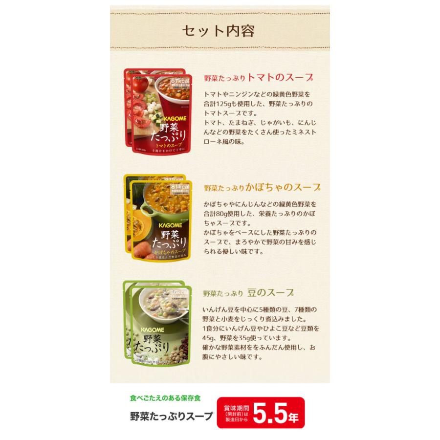 送料無料 カゴメ 野菜たっぷりスープ SO-30 1箱 備蓄用 長期保存 非常食 防災セット 防災グッズ スープギフト 1箱あたり3種類×各3食｜shimamotoya｜03