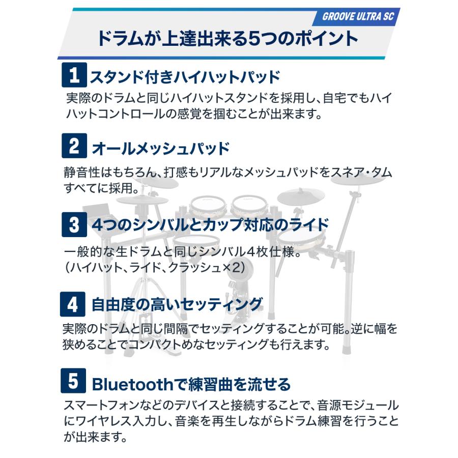 Donner ドナー Groove Ultra SC 電子ドラム 木目調シェル ハイハットスタンド付属 オールメッシュパッド 4シンバル_3