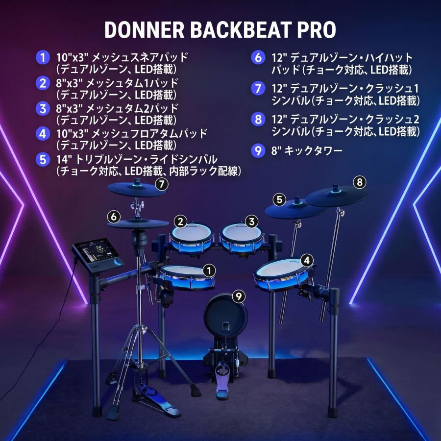 Donner ドナー BackBeat Pro 電子ドラム タッチパネル操作 LEDライティング 4シンバル 独立ハイハット Beat 2026/05/22発売予定