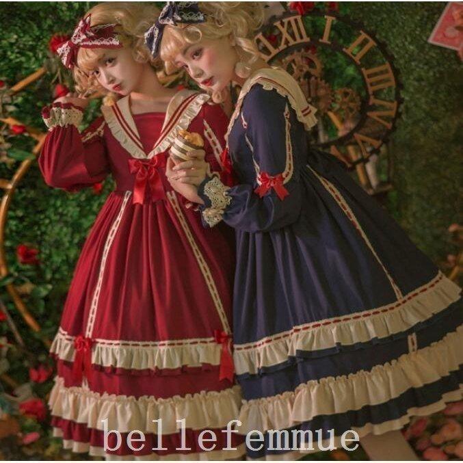 ワンピースゴシックロリータドレス膝丈ミモレ丈可愛いお姫様ドレス長袖ワンピースロリータ服ドレスフリルロリータ風ワンピロリータ 即日発送