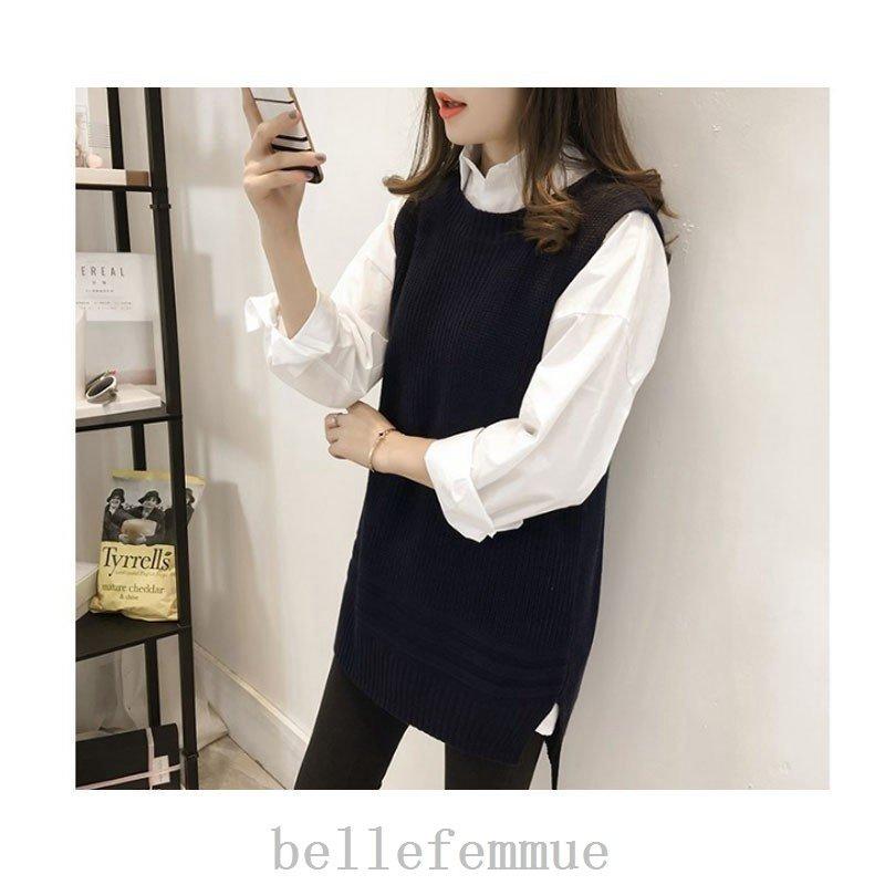 春早割 ポロシャツ レディースポロシャツ白ニットベスト2点セット シャツレディース長袖ポロシャツ ホワイト白ニットベストロング丈ベスト2点セット大きいサイズゆったり重ね着薄手秋 Www Threeriversofs Com