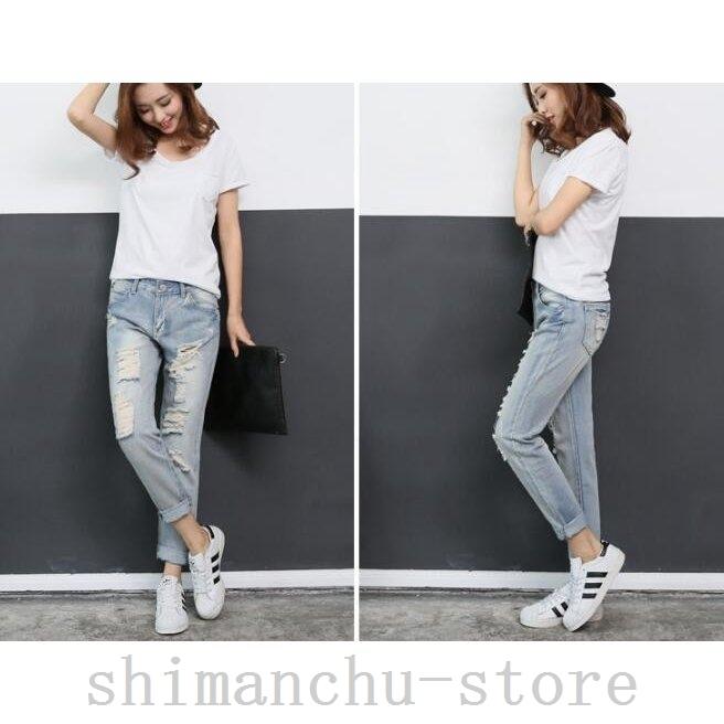 春夏デニムズボンストリート風レディースデニムパンツロング丈ロールアップクラッシュ婦人用ダメージボトムスジーンズ美脚スリムbf系スキニー長ズボン 大人気新品