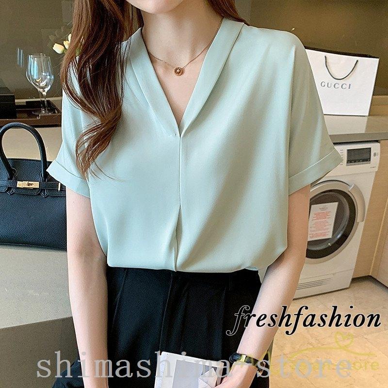 ブラウスレディース春夏おしゃれシャツ五分袖半袖ブラウスレディーストップスオフィス通勤着無地薄手ｖネックシンプルカジュアル細身 超人気新品