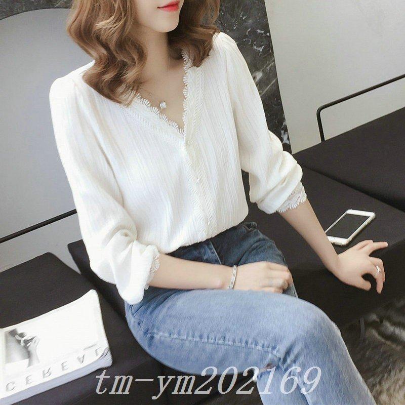 上品 白シャツブラウスレディースvネックスレース春秋長袖おしゃれきれいめ韓国風トップス大きいサイズオシャレゆったりol通勤着痩せ大人 Democracia Tv