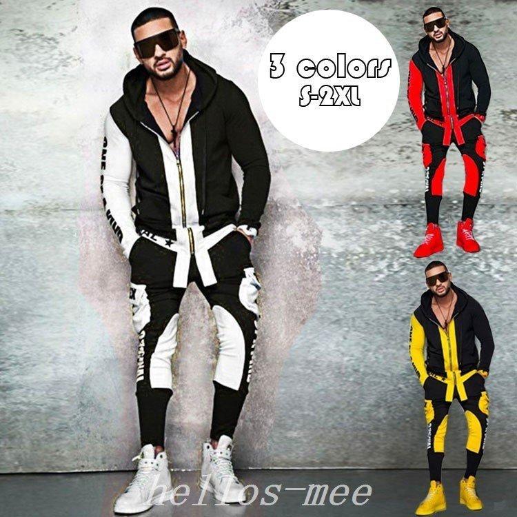 セットアップメンズスウェットジャージジョガーパンツ英字プリントパーカーフード付きカジュアル運動服部屋着2点セット配色切り替え春秋新作3色 手数料安い