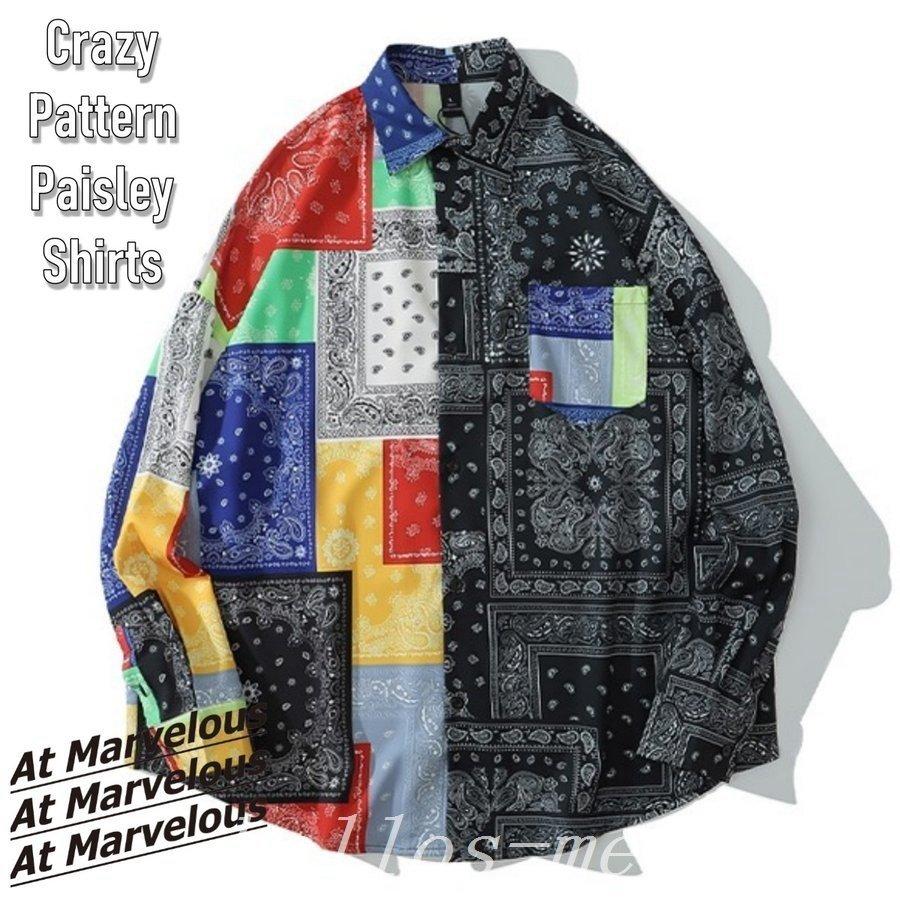 ペイズリークレイジーパターンシャツメンズバンダナ柄ペーズリーストリートカジュアルシャツストリートファッション長袖トップス 最終値下げ