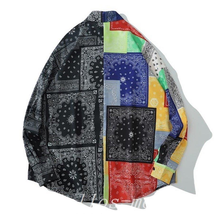 ペイズリークレイジーパターンシャツメンズバンダナ柄ペーズリーストリートカジュアルシャツストリートファッション長袖トップス 最終値下げ