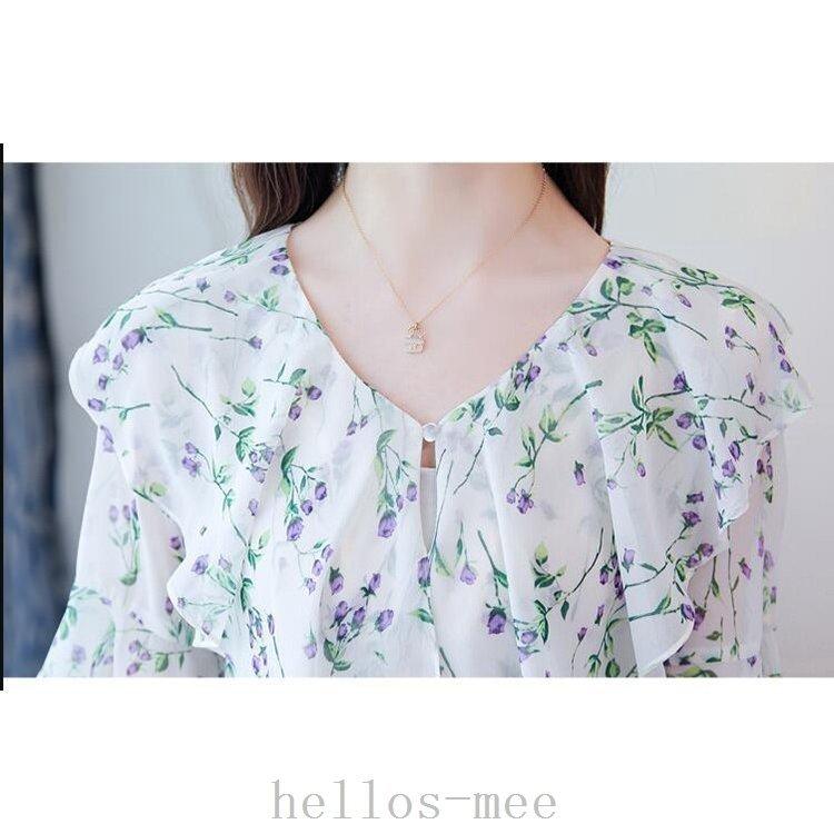 レディースシャツブラウスシャツ夏フリルvネック花柄フレア袖プリーツシフォン大きいサイズ韓国風カジュアルオシャレ通勤着痩せゆったり40代 国内即発送