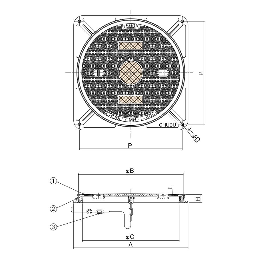 (株)中部コーポレーション マンホールカバー CMH-2P-500N (軽荷重用)｜shimizu-kanamono｜02