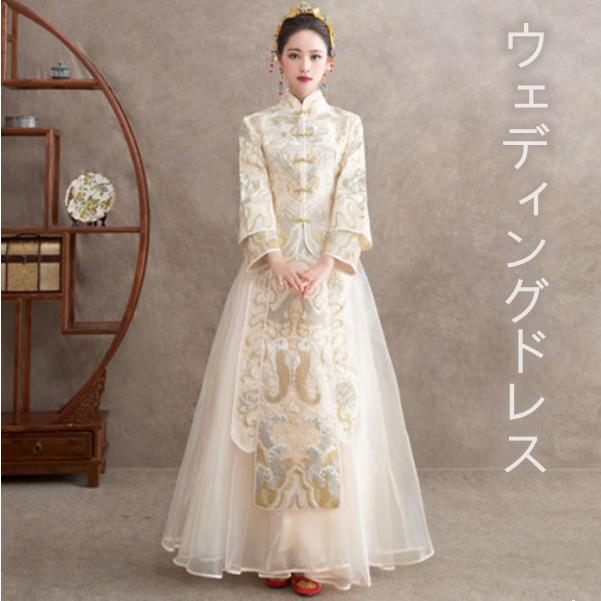 イブニングドレス 中国風 ウェディングドレス 同窓会 おしゃれ 袖あり 上品着 結婚式 ハンド刺繍 シャンペン 花嫁ドレス 端正な大気 syqhs06 Uhd 通販 Yahoo ショッピング