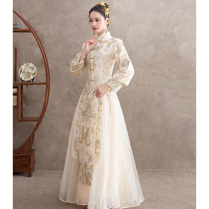 イブニングドレス 中国風 ウェディングドレス 同窓会 おしゃれ 袖あり 上品着 結婚式 ハンド刺繍 シャンペン 花嫁ドレス 端正な大気 syqhs06 Uhd 通販 Yahoo ショッピング