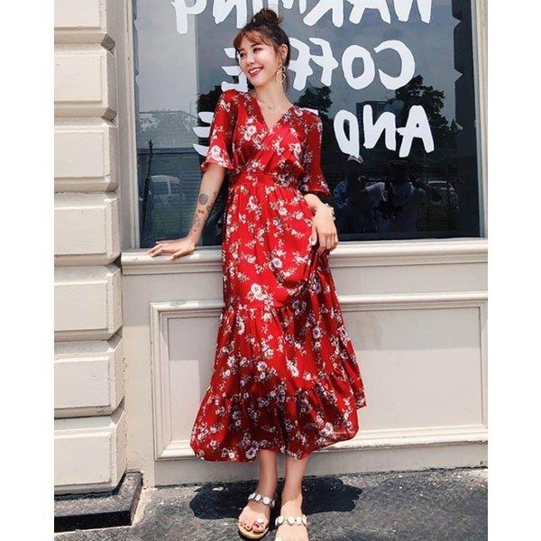 ワンピース 花柄マキシ ワンピース リゾートワンピース 大きいサイズ レディース 花柄ワンピ フレアワンピース マキシ丈 赤 ワンピース シフォン Shin 8xrx Shin 8 通販 Yahoo ショッピング