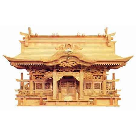 総ケヤキ材 最高級 入母屋屋根三社 送料無料】本欅 入母屋型彫刻三社（高50㎝タイプ）神具セット付