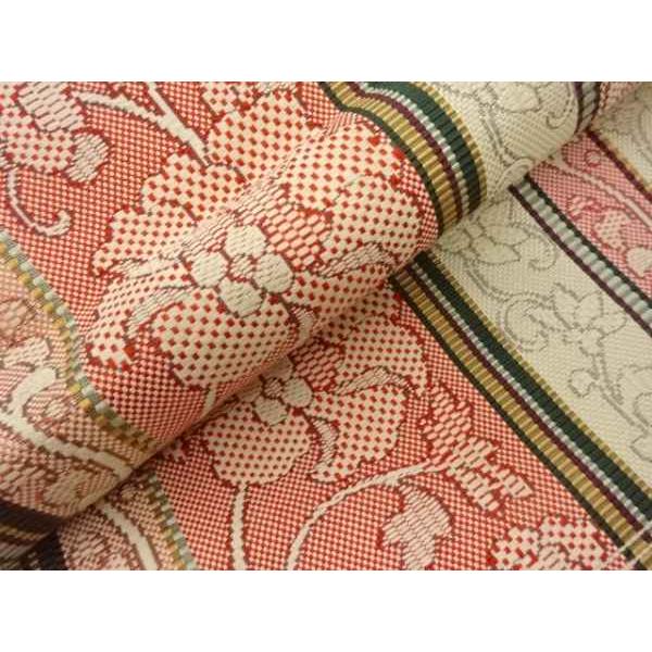 本場筑前博多織　半幅帯　織り出し　花唐草模様　縞模様　正絹　ポケット付No.45 本場筑前博多織 半幅帯 織り出し 花唐草模様 縞模様 正絹 ポケット付No