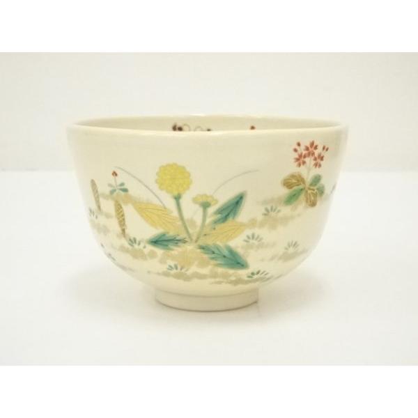 南口閑粋　色絵春草　茶碗　茶道具 ys7183947; 京焼 南口閑粋造 色絵春草茶碗（共箱）