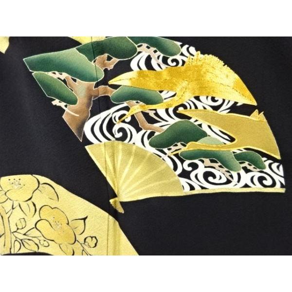 アンティーク黒留袖 扇面 松竹梅 金彩 比翼付き ys7380914; 未使用品 金彩扇面に松鶴模様刺繍留袖(比翼付き) 黒留袖