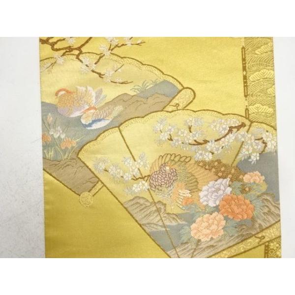ys7780441; 本金　桧扇に孔雀・鴛鴦・草花模様織り出し　袋帯【着】_1
