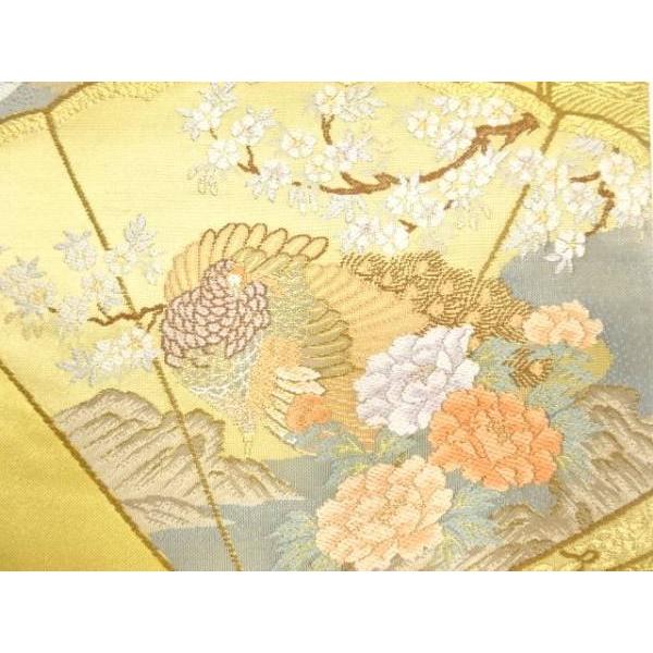 ys7780441; 本金　桧扇に孔雀・鴛鴦・草花模様織り出し　袋帯【着】_2