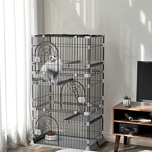 Alebert 猫ケージ?キャットケージ?幅70*奥行43*高さ133cm?猫?ケージ?3段?大型?ペットケージ 折りたたみ?ドア付き?ワイド扉 ブラック