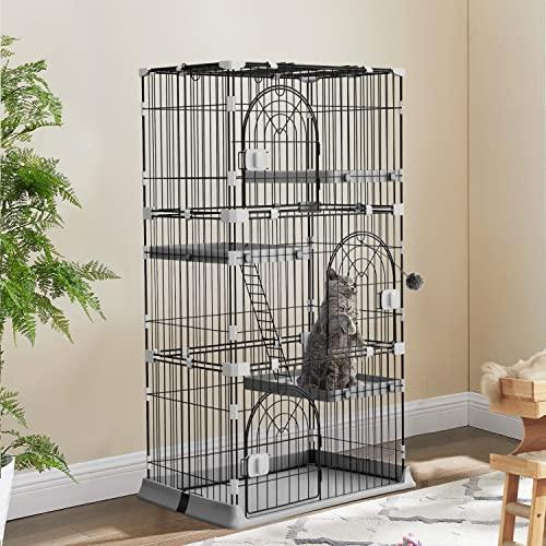 Alebert 猫ケージ?キャットケージ?幅70*奥行43*高さ133cm?猫?ケージ?3段?大型?ペットケージ 折りたたみ?ドア付き?ワイド扉 ブラック