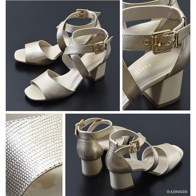 ゴールド レザー サンダル チャンキー ヒール 5cm 太ヒール 本革