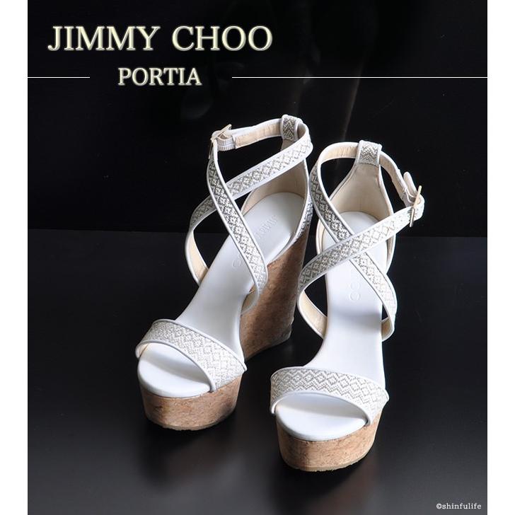 ジミーチュウ 正規品 ウェッジソール サンダル 厚底 JIMMY CHOO PORTIA ポルティア クロス ストラップ コルク ヒール 12cm  ホワイト 白 小さい サイズ 22cm