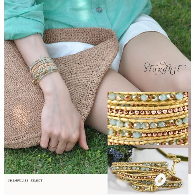 ブルー ターコイズ系 5連 レザー ラップ ブレスレット レディース