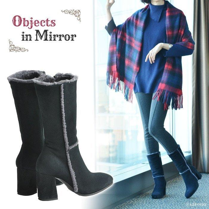 OBJECTS IN MIRROR イタリア製 シンプル ミドルブーツ ムートン ヒール 