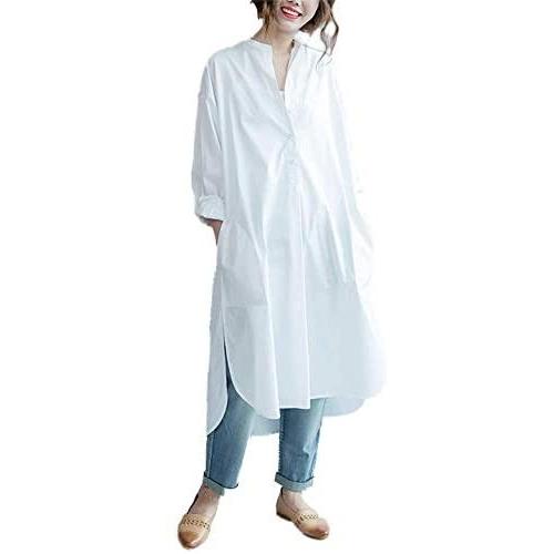 ワンピース シャツワンピース チュニック ロング丈 レディース ロングシャツワンピース 白シャツ ナチュラル 膝下丈 ホワイト ワンサイズ 激安大特価