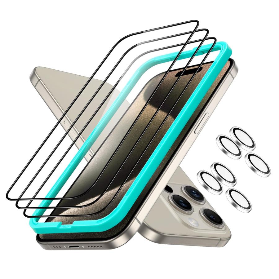 ESR Armorite 保護フィルムセット iPhone 15 Pro用 超タフ 強化ガラス 取り付け簡単フレーム 独立型カメラレンズフィルム | 