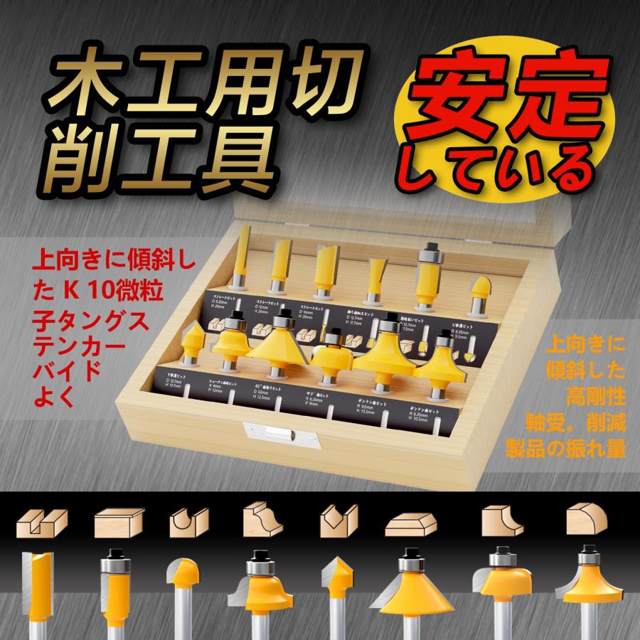 CSOOM 12本組 プロ木工トリマービットセット 超硬ルーターセット 軸径