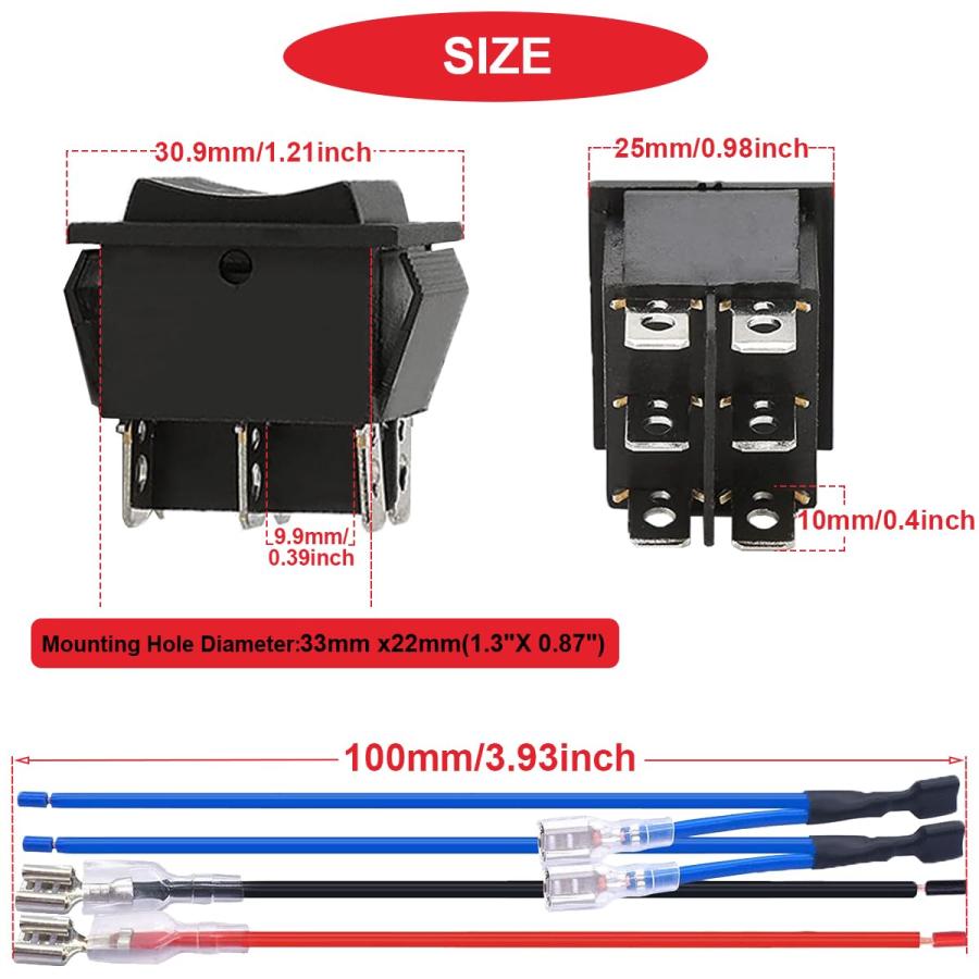 4個 モーメンタリモーター極性逆ロッカースイッチ 赤/黒 DC 20A