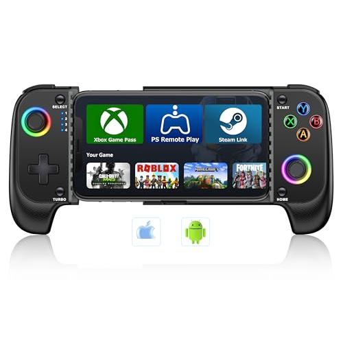 スマホコントローラー- iPhone/Androidに対応、ケースサポート、RGB搭載、ホール効果ジョイスティックがクラウドゲーム、PUBG、Fortnite スマホコントローラー- iPhone/Androidに対応、ケースサポート、RGB