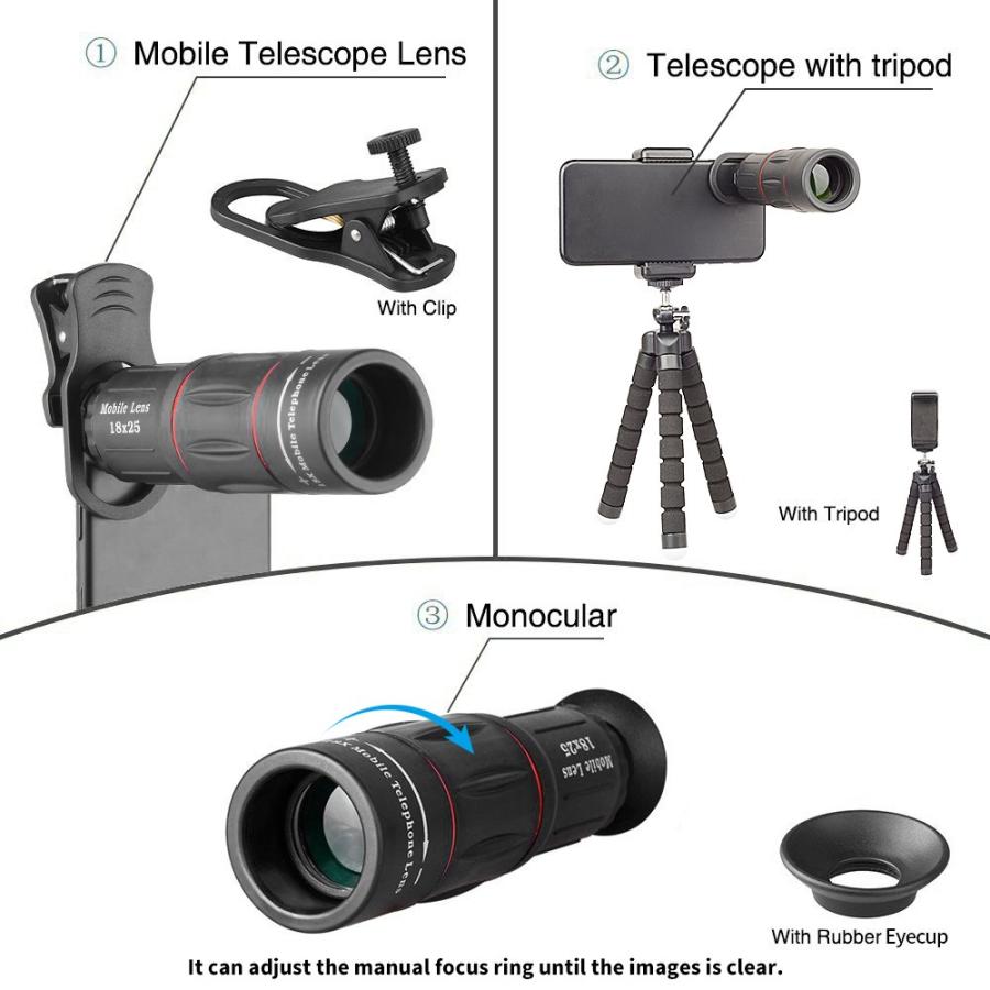 Apexel 望遠レンズ 単眼鏡 18X望遠レンズ/魚眼レンズ/広角レンズ