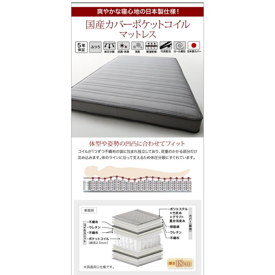 リクライニング機能付き・モダンデザインローベッド 国産カバーポケットコイルマットレス付き ダブル 組立設置付