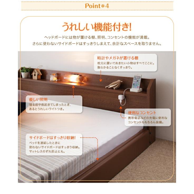 棚・照明・コンセント付ロング丈連結ベッド ポケットコイルマットレス付き クイーン(SS×2) ロング丈