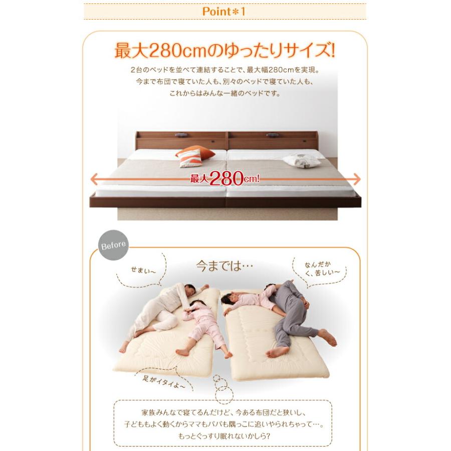 棚・照明・コンセント付ロング丈連結ベッド ポケットコイルマットレス付き クイーン(SS×2) ロング丈