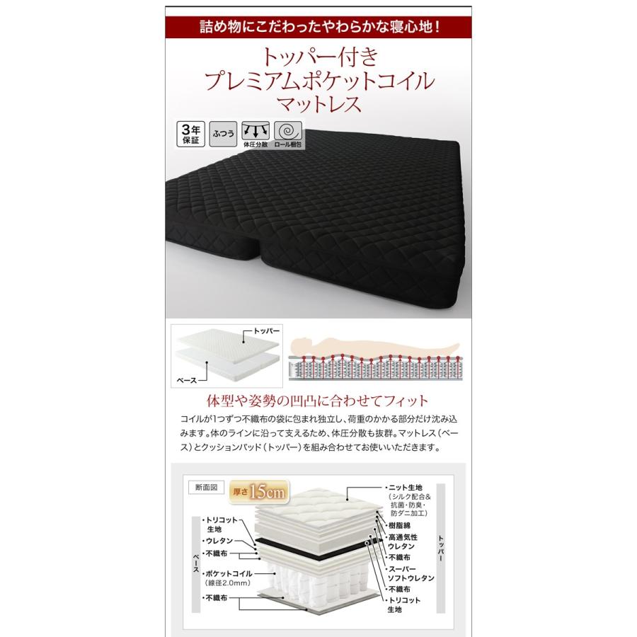 売り出し超特価 棚・コンセント付き収納ベッド 国産カバーポケットコイルマットレス付き セミダブル