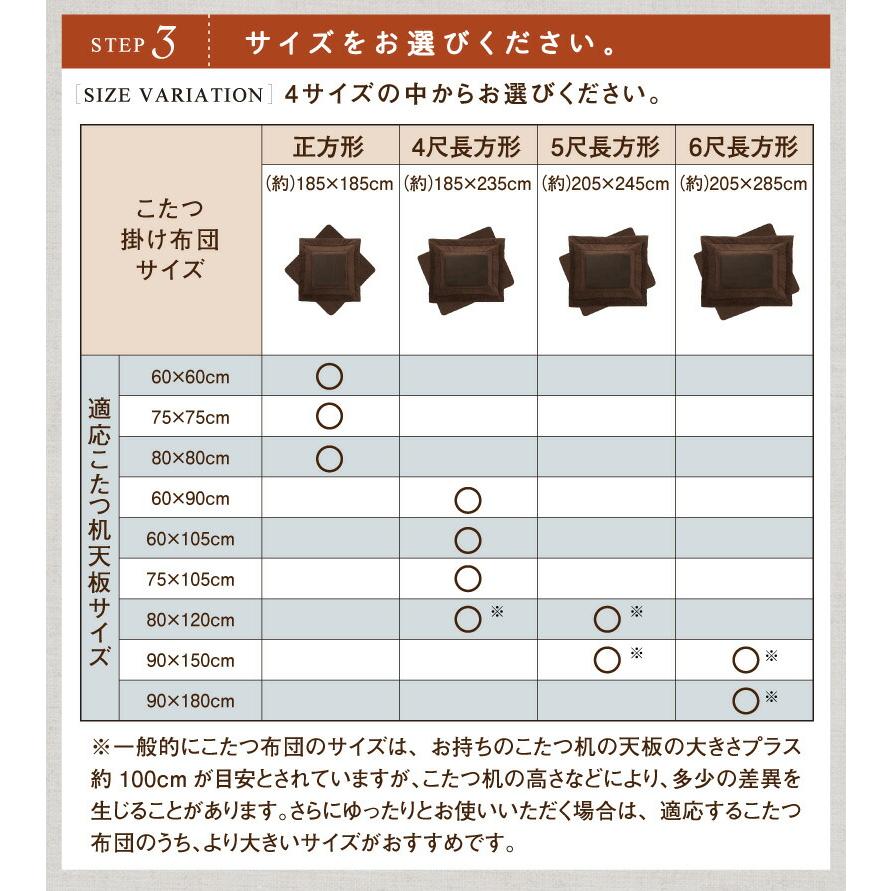 ボリュームが選べる　マイクロファイバーフランネル防ダニこたつ掛け・敷き布団2点セット すっきりタイプ 5尺長方形(90×150cm)天板対応｜shiningstore｜17