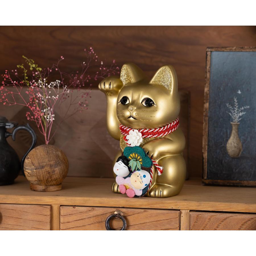 ご縁猫 和楽 おかめ ひょっとこ(M-SIZE 金 Gold）右手あげ/陶器