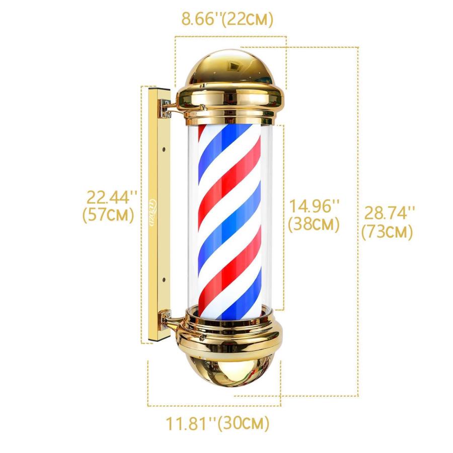 WDZD 73 cm サインポール、金ストライプ床屋のマーク、壁掛け式