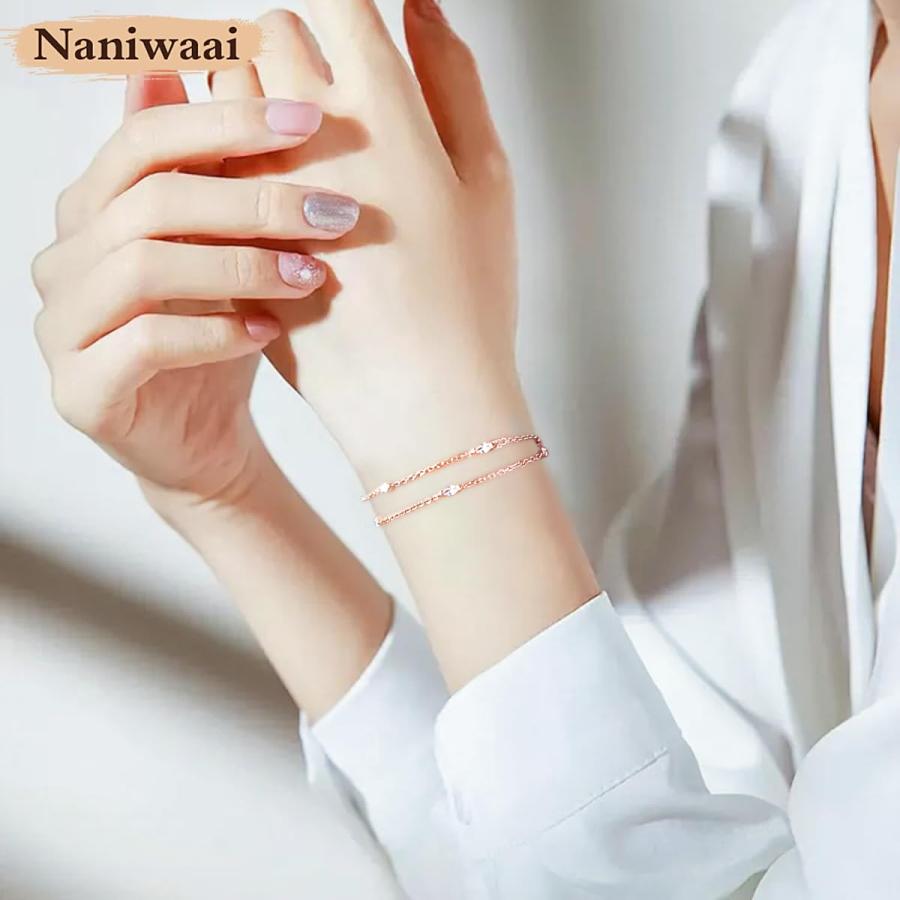 Naniwaai ブレスレット レディース しずくジルコニア 2連 シルバー925