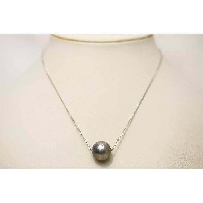 タヒチ黒蝶真珠スルーパールネックレス　14mm　グレーカラー　シルバー製チェーンの画像