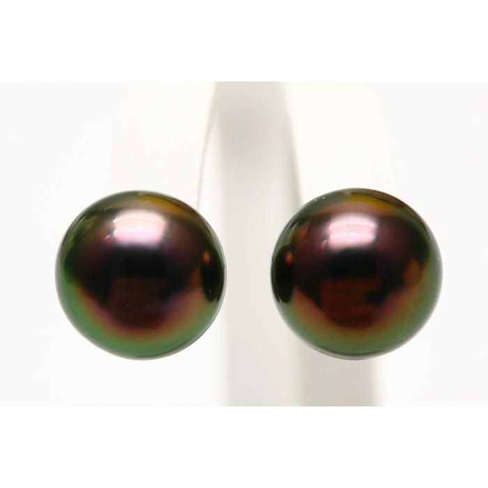 タヒチ黒蝶真珠パールピアス11mmグリーンカラーK14WG製