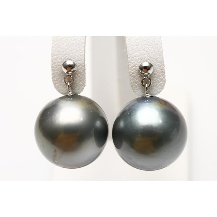 タヒチ黒蝶真珠パールブラピアス　14mm　グレーカラー　K14WG製