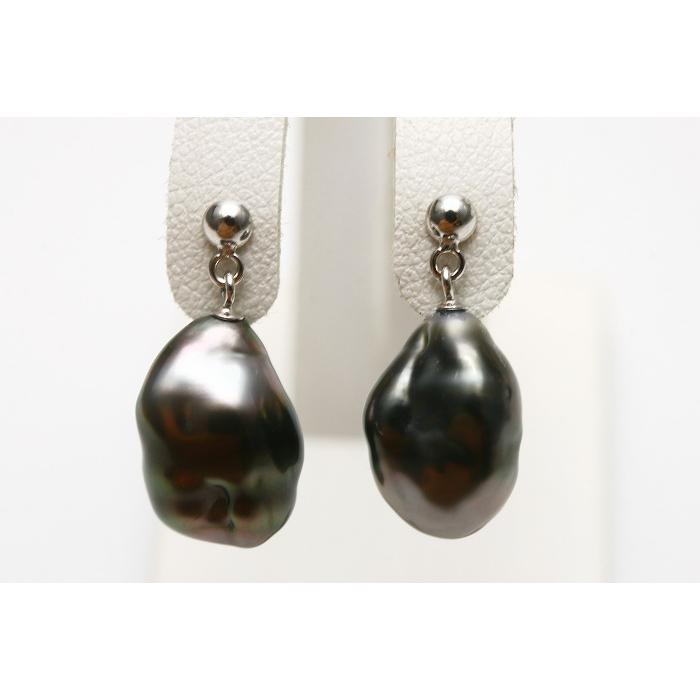 タヒチ黒蝶真珠パールピアスケシ9mmブルーグレーカラーK14WG製