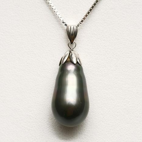 タヒチ黒蝶真珠パールペンダントトップ 18×10mm ブラックカラー K14WG 