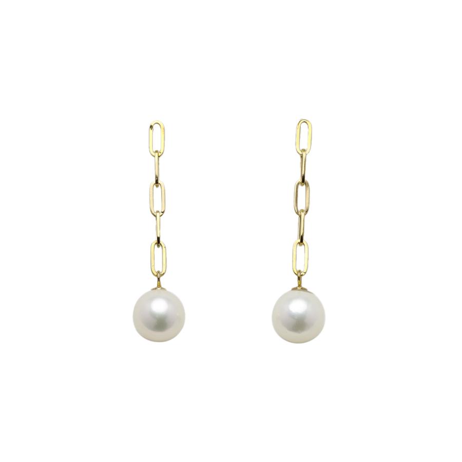 k18 パール ピアス ペーパークリップ 5コマ 18金 18k イエローゴールド ロングピアス チェーンピアス 本真珠 あこや アコヤ 6-6.5mm カジュアル ジュエリーの画像