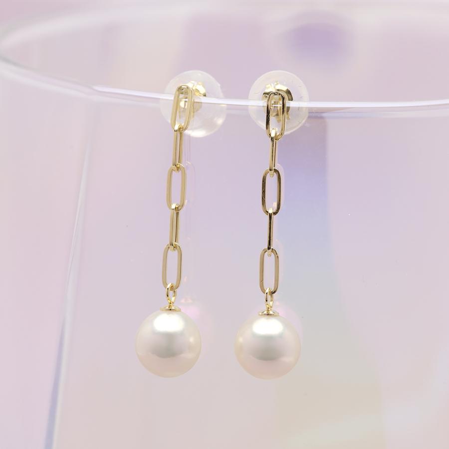 k18 パール ピアス ペーパークリップ 5コマ 18金 18k イエローゴールド ロングピアス チェーンピアス 本真珠 あこや アコヤ 6-6.5mm カジュアル ジュエリーの画像