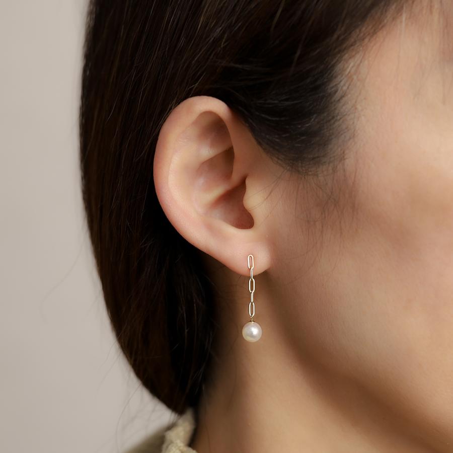 k18 パール ピアス ペーパークリップ 5コマ 18金 18k イエローゴールド ロングピアス チェーンピアス 本真珠 あこや アコヤ 6-6.5mm カジュアル ジュエリーの画像